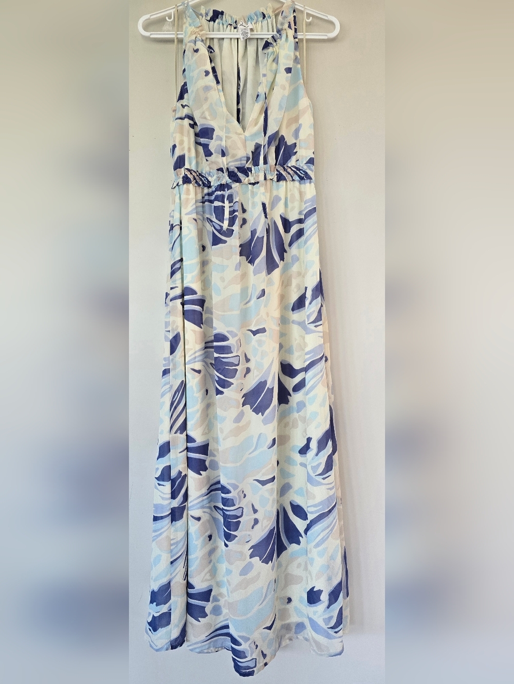 Japna Cream and Blue Abstract Floral Maxi Dress. Size Small.